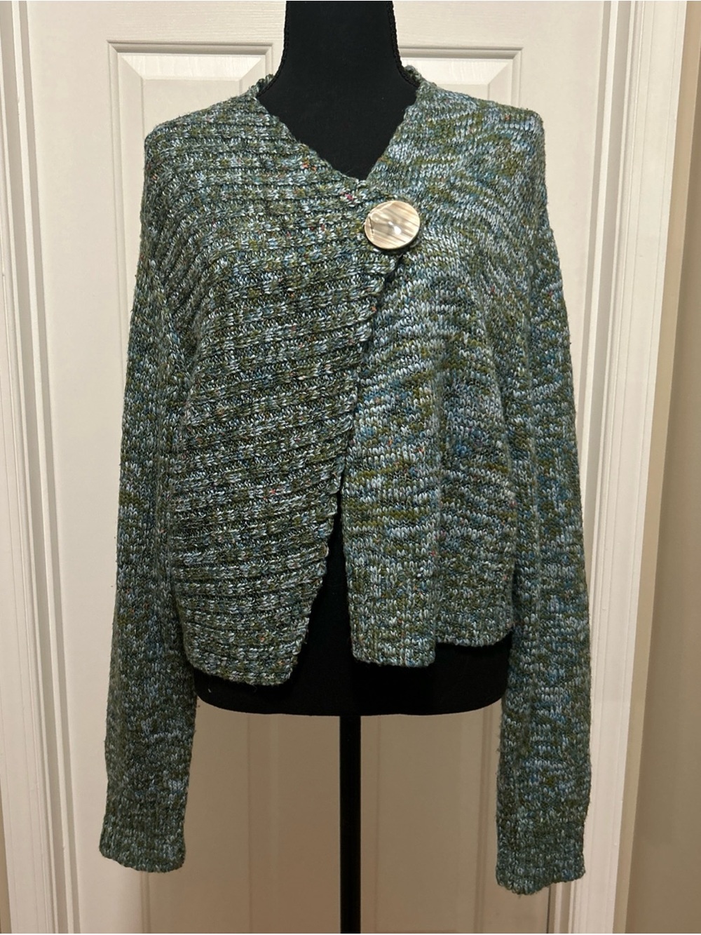 ONE GIRL WHO Sweater Women's XL Green Blue Flecked Ribbed One Button Cardigan